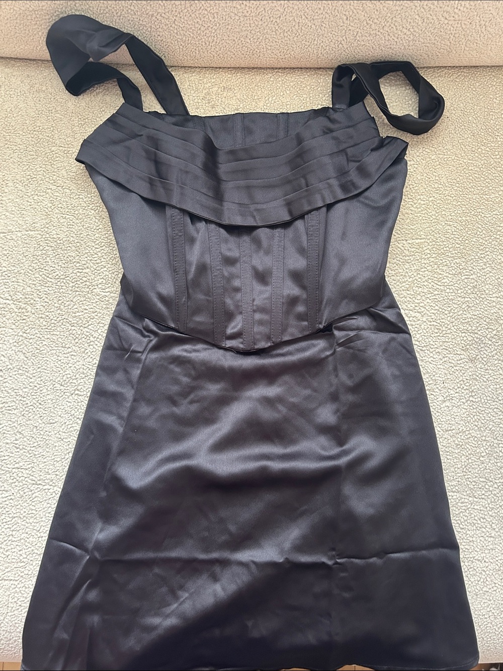 Fashion Nova Black Satin Pleated Neck Mini Dress